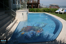 Huge tile mosaic in bottom of free form pool