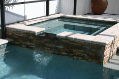 Spa with stacked stone veneer