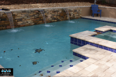 Modern pool with turtle mosaics and blue tile accents